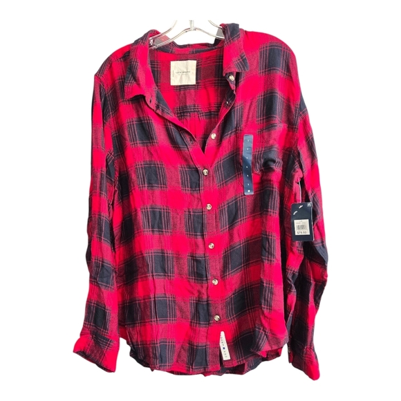 Lucky Brand Red and Black Relaxed Cloud Plaid Boyfriend Flannel Shirt LARGE - Picture 6 of 9